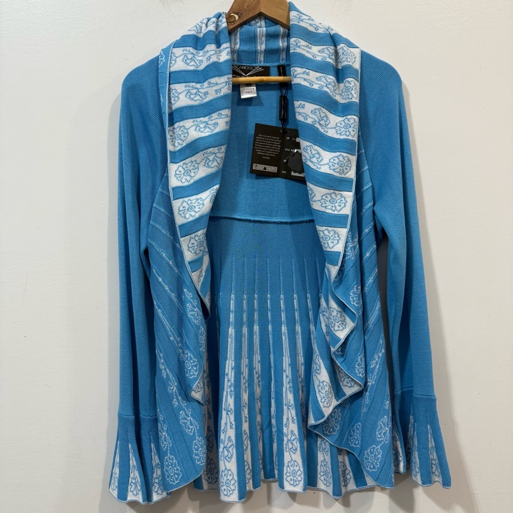Angel Blue White Floral Patterned wool Knit Draped Open Front Cardigan Size S
